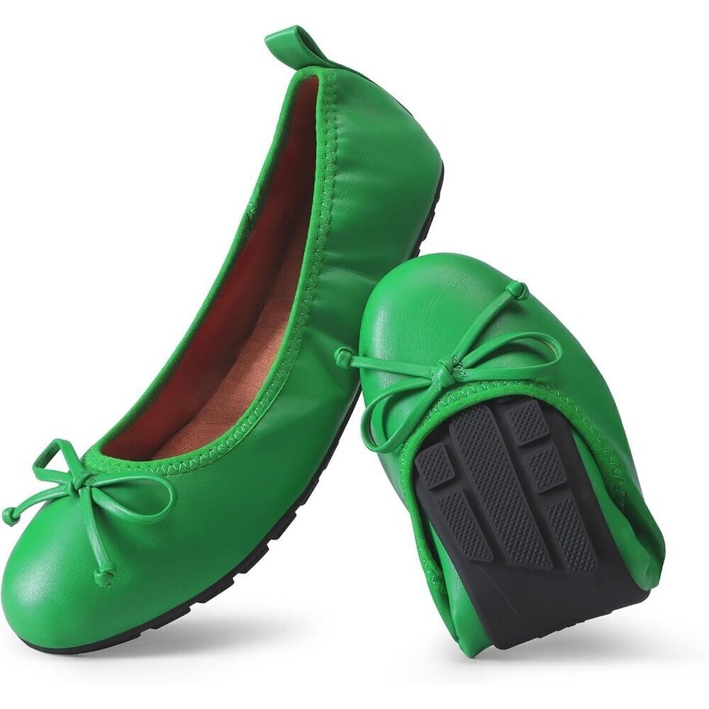 Women's Green Flats Foldable Ballet Bowknot Round Toe Comfort Light Weight